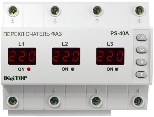 Переключатель фаз с реле напряжения цифровой на DIN-рейку DigiTOP PS-40A 40A 50-400В фото Переключатель фаз с реле напряжения цифровой на DIN-рейку DigiTOP PS-40A 40A 50-400В картинка